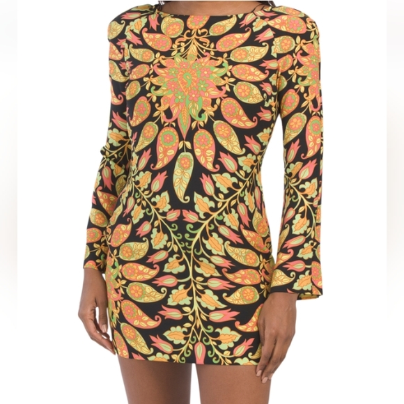 Zara Dresses & Skirts - ZARA Mini Bodycon Floral Paisley Dress Bell Sleeve Cutout Multicolor